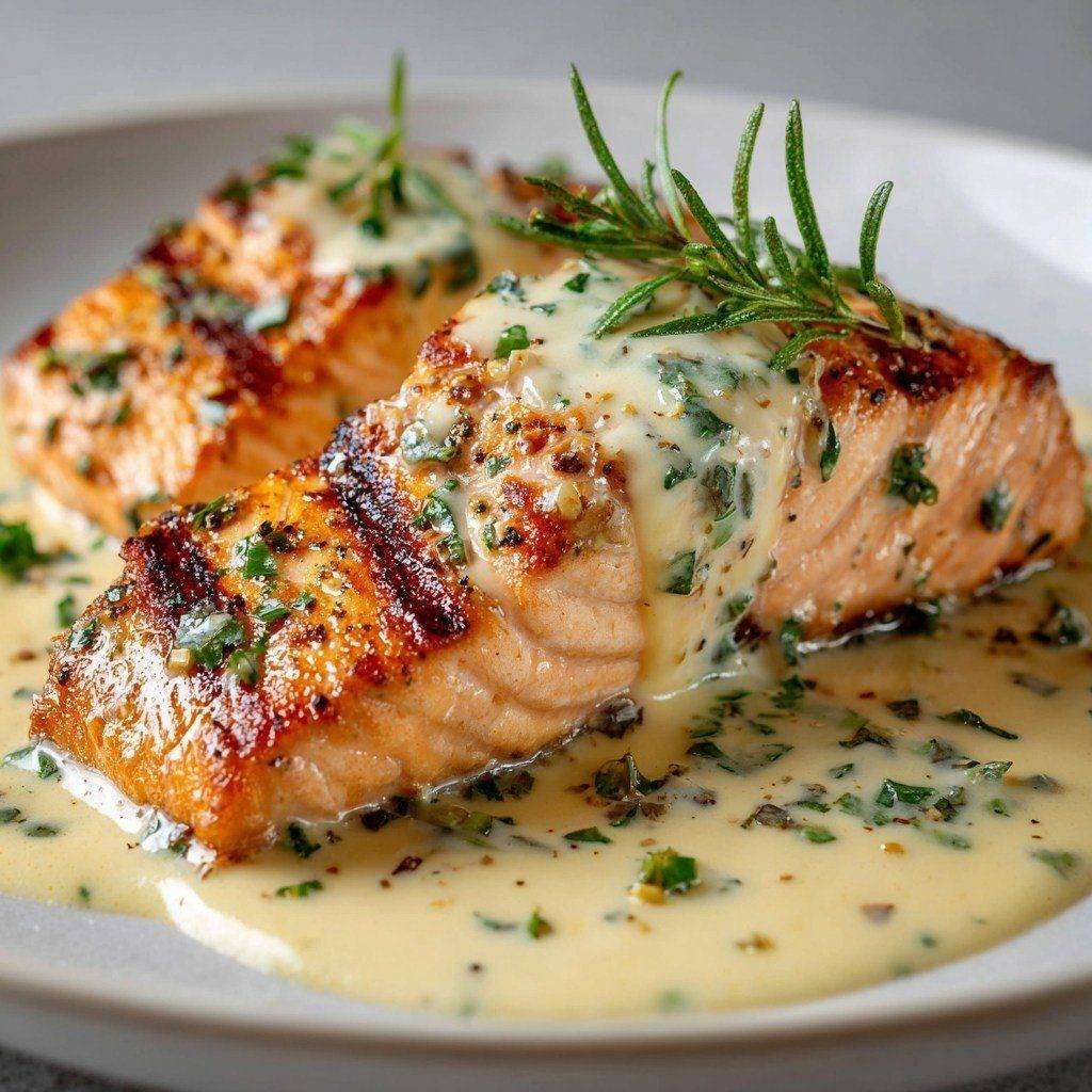 Pavés de saumon poêlé nappés de sauce crémeuse aux herbes, servis dans une poêle avec citron et herbes fraîches.