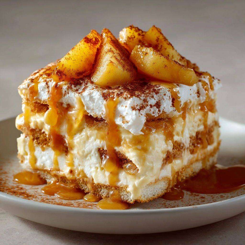 Tiramisu aux pommes caramélisées et caramel beurre salé servi en verrine, avec couches visibles de crème et fruits.
