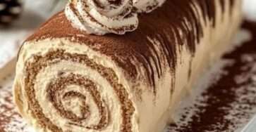 Bûche roulée façon tiramisu, garnie de crème mascarpone et saupoudrée de cacao, présentée sur un plat de fête.