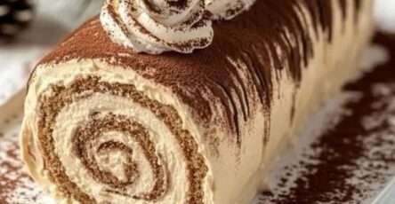Bûche roulée façon tiramisu, garnie de crème mascarpone et saupoudrée de cacao, présentée sur un plat de fête.