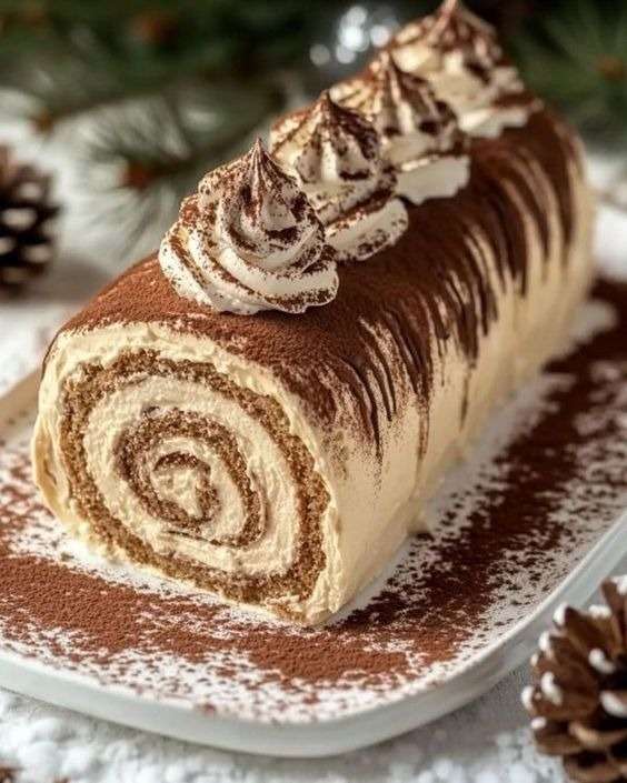 Bûche roulée façon tiramisu, garnie de crème mascarpone et saupoudrée de cacao, présentée sur un plat de fête.