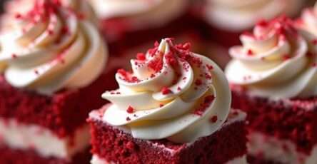 Mini cubes Red Velvet garnis de crème vanille pour dessert festif.