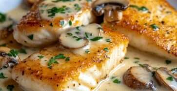 Filets de poisson poêlés nappés de sauce crémeuse aux champignons et persil frais, servis dans une assiette.