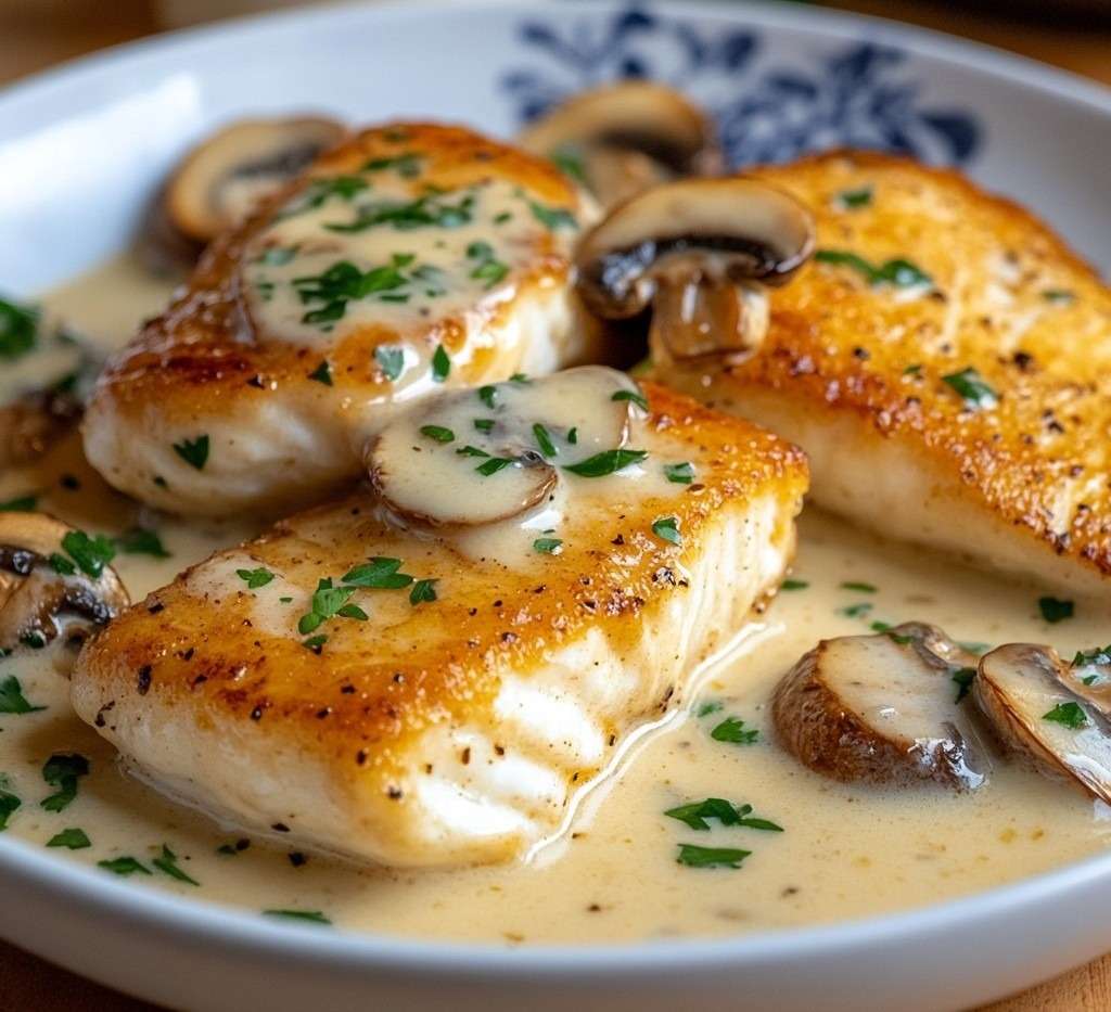 Filets de poisson poêlés nappés de sauce crémeuse aux champignons et persil frais, servis dans une assiette.