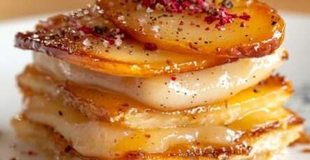 Mille-feuille feuilleté croustillant aux pommes caramélisées et fromage fondant, finition poivre et baies roses.