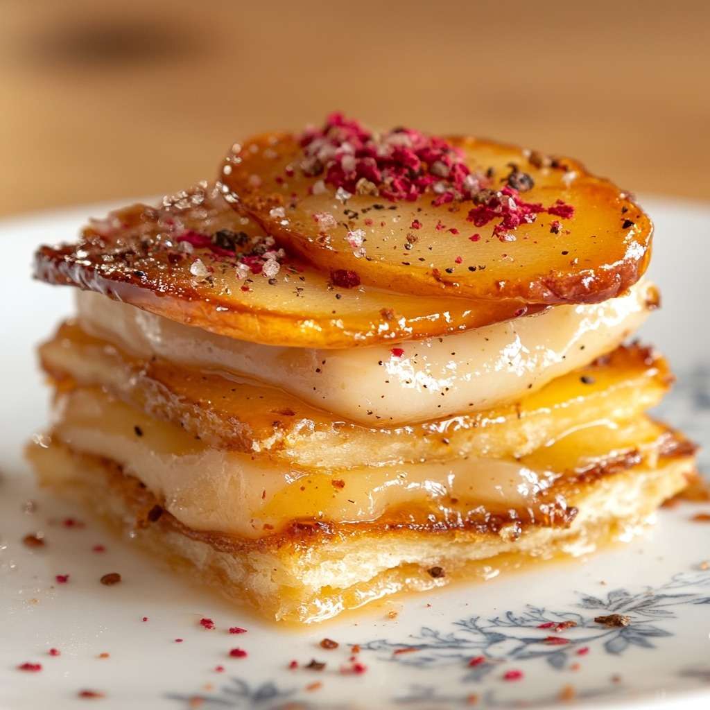Mille-feuille feuilleté croustillant aux pommes caramélisées et fromage fondant, finition poivre et baies roses.