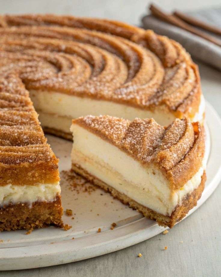 Churro cheesecake doré à la cannelle, texture croustillante et cœur fondant au fromage frais.