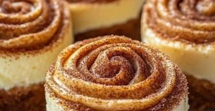 Mini cheesecakes roulés à la cannelle avec swirl façon cinnamon roll et glaçage crémeux.