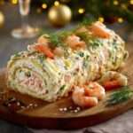 Bûche salée aux fruits de mer garnie de crevettes, saumon fumé et aneth, servie en entrée festive.