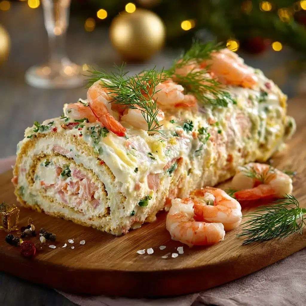 Bûche salée aux fruits de mer garnie de crevettes, saumon fumé et aneth, servie en entrée festive.