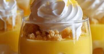 Verrines façon tarte au citron meringuée avec base biscuitée, crème citron et meringue dorée.