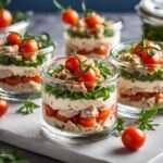 Verrines salées au thon, fromage frais et tomates cerises, servies froides en entrée légère.