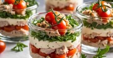 Verrines salées au thon, fromage frais et tomates cerises, servies froides en entrée légère.