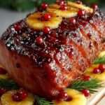 Rôti de jambon glacé à l’ananas et cranberries, servi avec une sauce brillante sucrée-salée.
