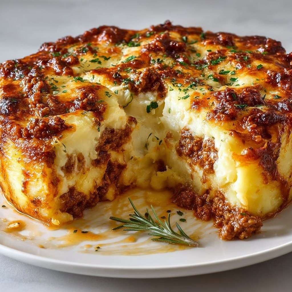 Hachis Parmentier traditionnel gratiné au four, composé de bœuf mijoté et de purée de pommes de terre maison.
