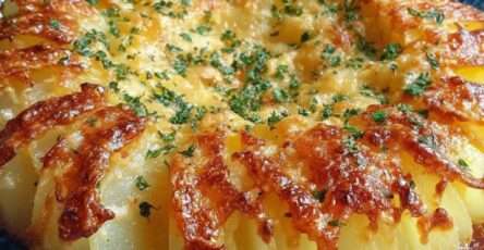 Gratin de pommes de terre en éventail doré au four, nappé de crème et gratiné au fromage.