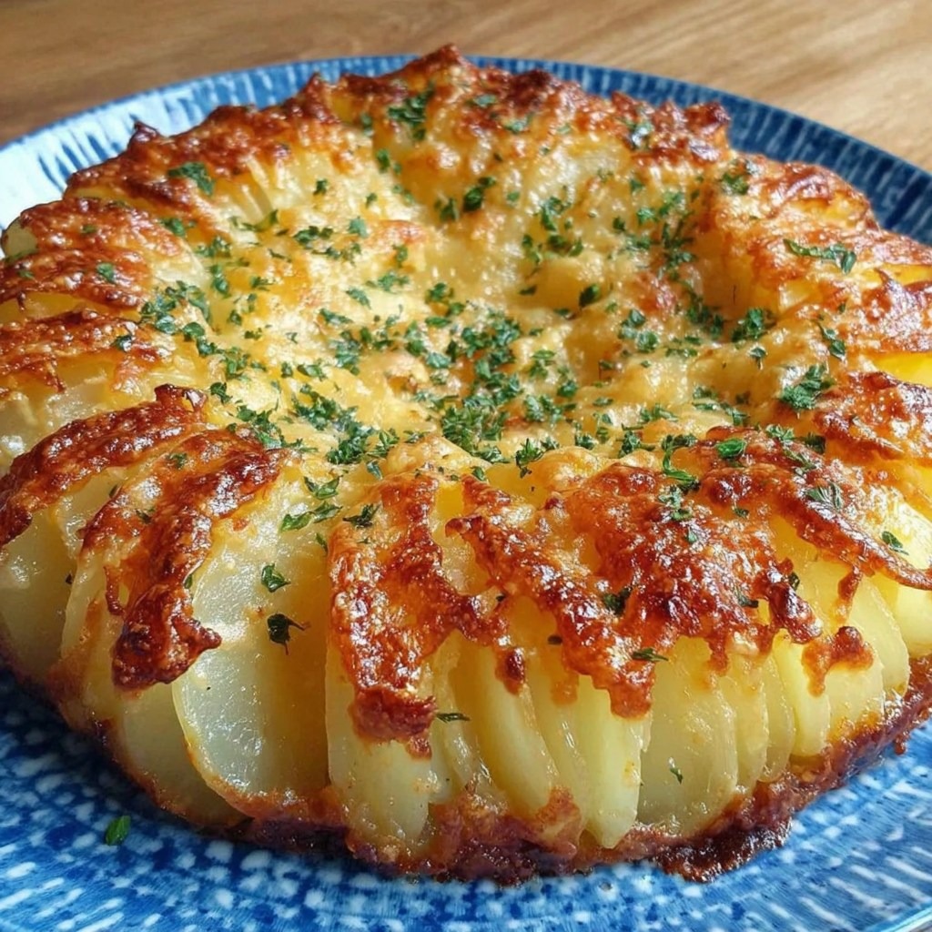 Gratin de pommes de terre en éventail doré au four, nappé de crème et gratiné au fromage.