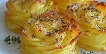 Rosaces de pommes de terre croustillantes superposées en mille-feuilles, dorées au four avec beurre, ail et parmesan.