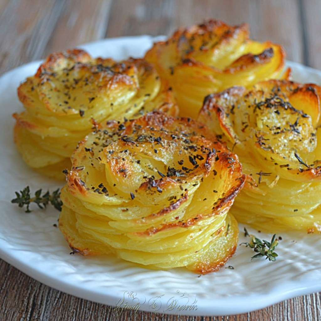 Rosaces de pommes de terre croustillantes superposées en mille-feuilles, dorées au four avec beurre, ail et parmesan.