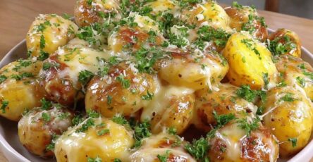 Pommes de terre grenailles dorées au beurre noisette, recouvertes de comté fondant et parsemées de persil frais.