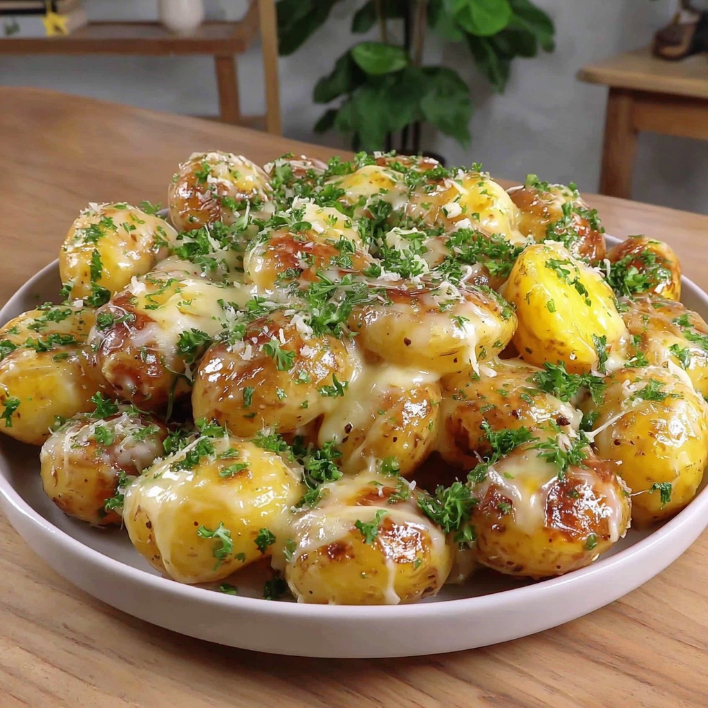 Pommes de terre grenailles dorées au beurre noisette, recouvertes de comté fondant et parsemées de persil frais.