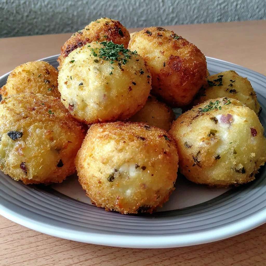 Boulettes de pommes de terre croustillantes dorées, garnies de fromage frais fondant, servies chaudes sur une assiette.