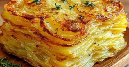 Millefeuille de pommes de terre croustillant découpé en parts nettes, doré au beurre noisette et parfumé au thym.