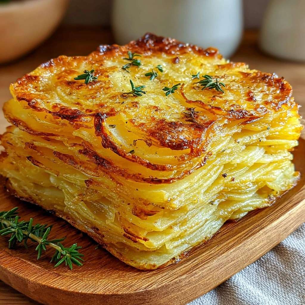 Millefeuille de pommes de terre croustillant découpé en parts nettes, doré au beurre noisette et parfumé au thym.