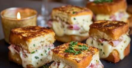 Mini croques-monsieur dorés et fondants, coupés en bouchées, garnis de fromage fondu et jambon, servis à l’apéritif.