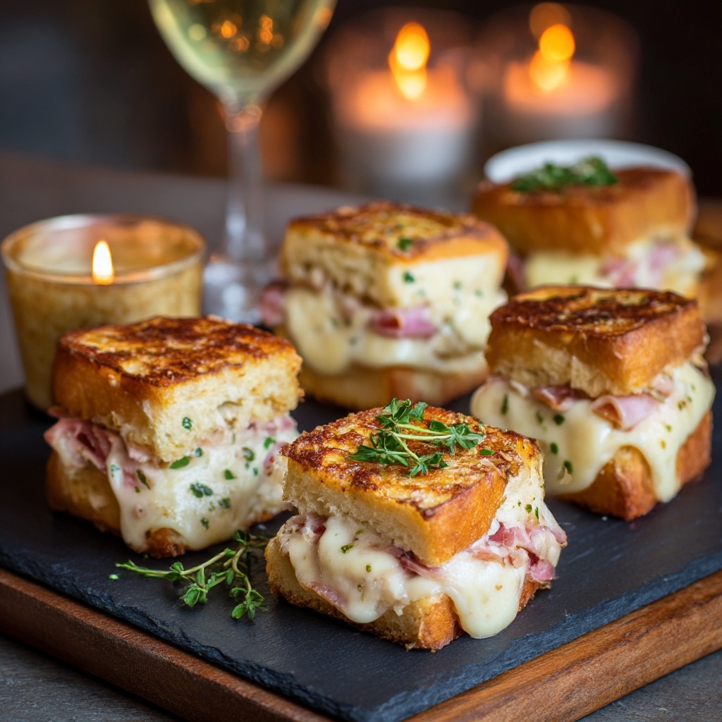 Mini croques-monsieur dorés et fondants, coupés en bouchées, garnis de fromage fondu et jambon, servis à l’apéritif.