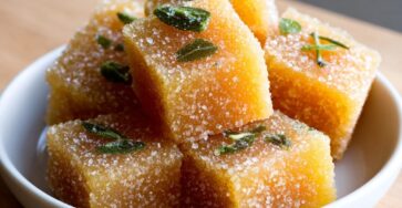 Pâtes de fruits citron et verveine coupées en cubes, roulées dans le sucre cristal, à la texture lisse et brillante.