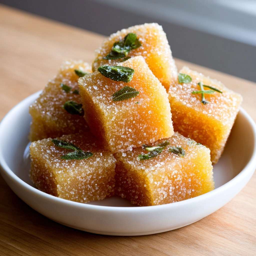 Pâtes de fruits citron et verveine coupées en cubes, roulées dans le sucre cristal, à la texture lisse et brillante.