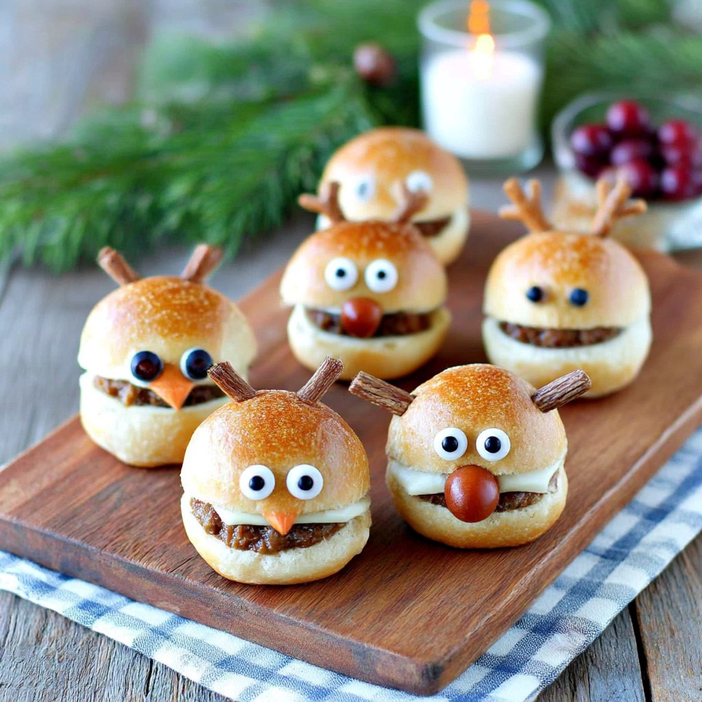 Mini burgers apéritifs décorés en rennes de Noël avec fromage fondu, olives noires, tomates cerises et bretzels salés.