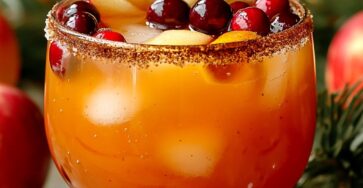 Punch de Noël pomme et canneberge servi frais, garni de fruits rouges, tranches de pomme et bâton de cannelle.