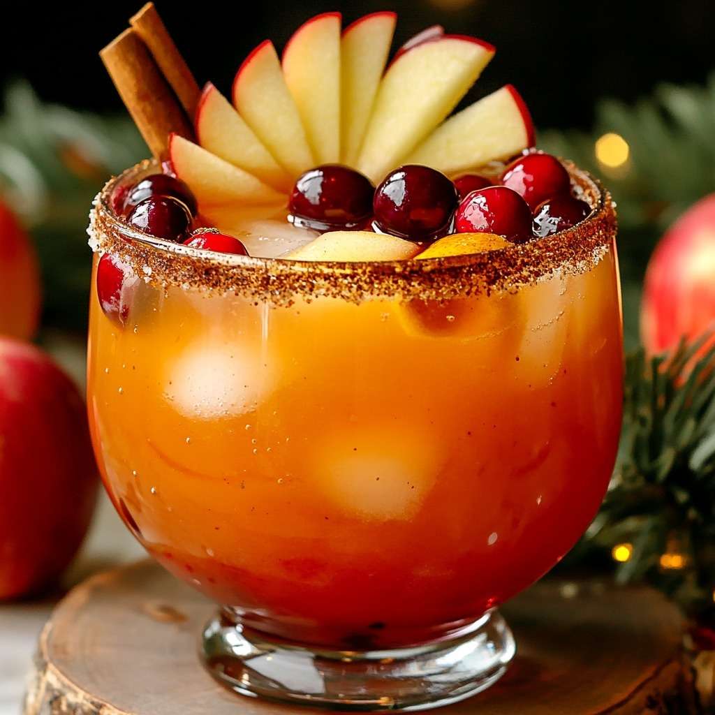 Punch de Noël pomme et canneberge servi frais, garni de fruits rouges, tranches de pomme et bâton de cannelle.