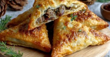 Samossas de Noël croustillants garnis de canard confit, figues et échalotes caramélisées, dorés au four et servis pour Noël.