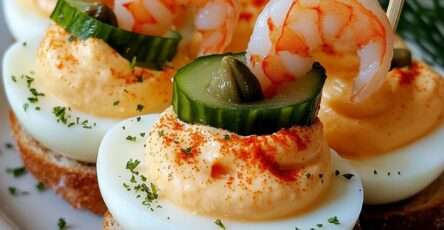 Œufs mimosa marins garnis de crevettes et cornichons, dressés sur des toasts croustillants pour l’apéritif.