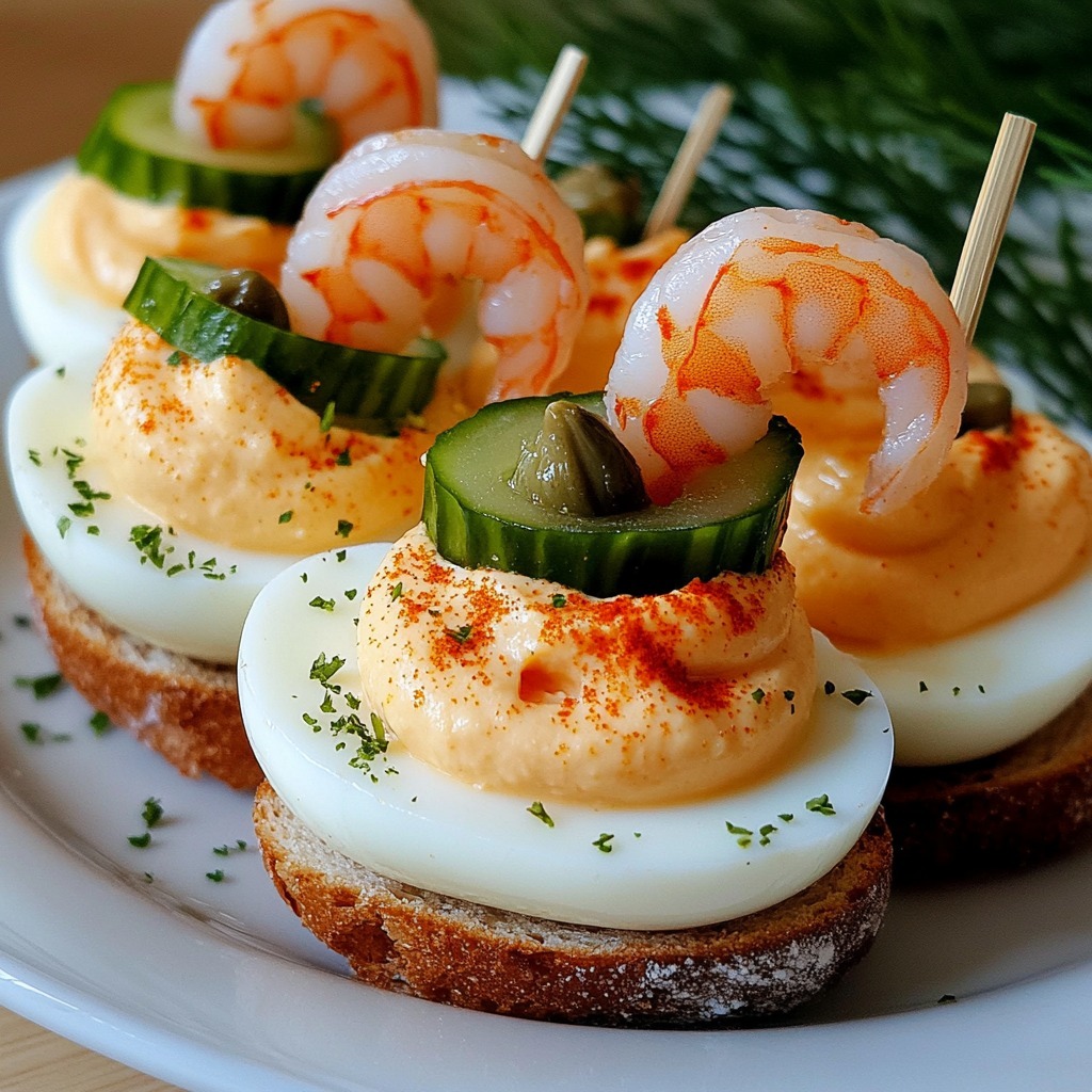 Œufs mimosa marins garnis de crevettes et cornichons, dressés sur des toasts croustillants pour l’apéritif.