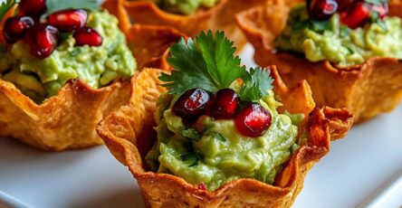 Mini coupelles tortillas croustillantes garnies de guacamole crémeux et de graines de grenade fraîches.
