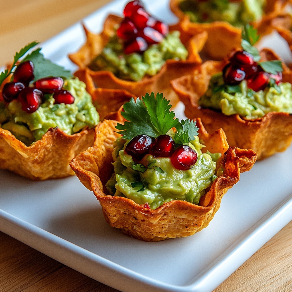Mini coupelles tortillas croustillantes garnies de guacamole crémeux et de graines de grenade fraîches.