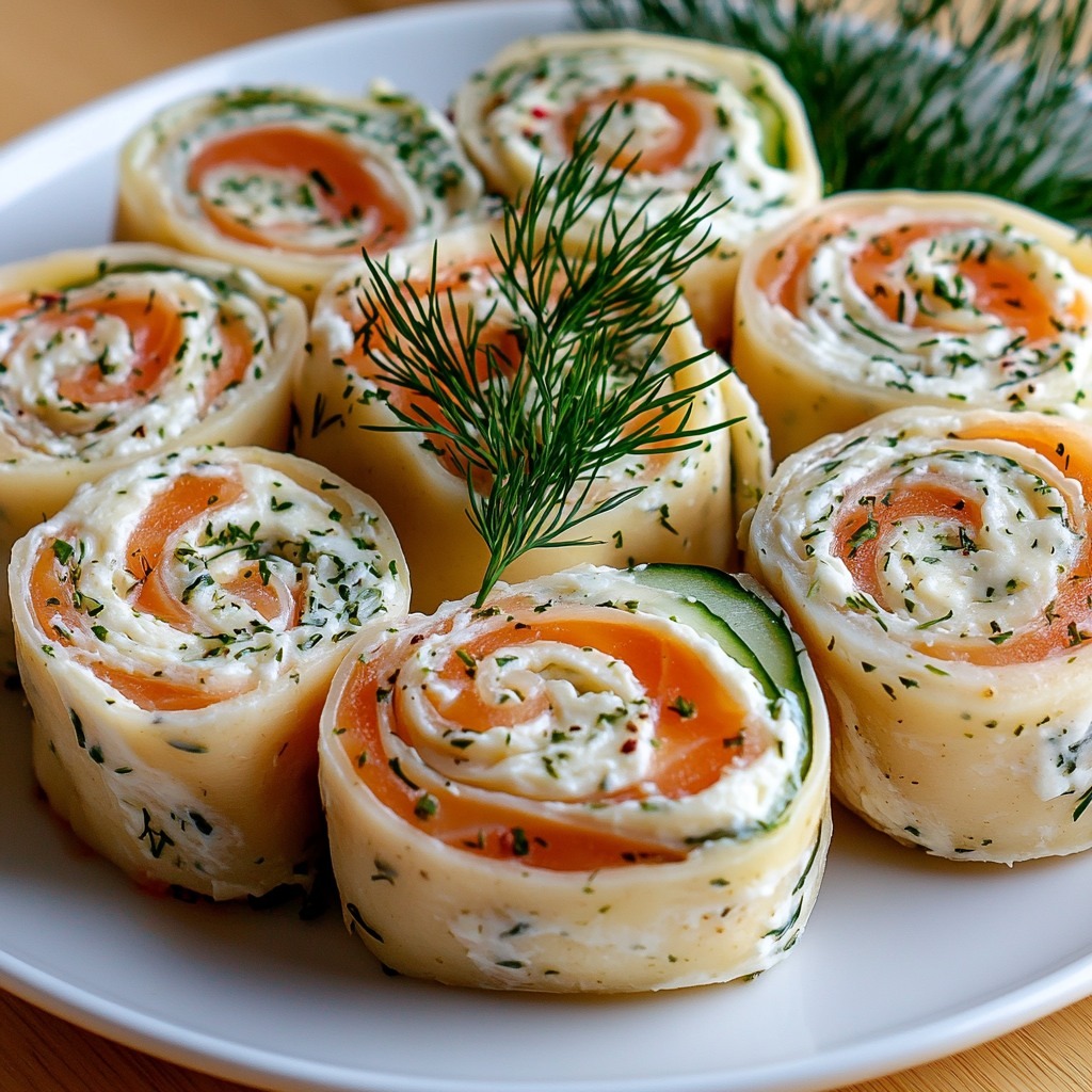 Roulés au saumon fumé et fromage frais aux herbes, coupés en spirales régulières et dressés sur un plateau festif.