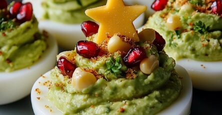 Œufs durs décorés en forme de sapins de Noël, garnis de guacamole vert et de graines de grenade rouges.