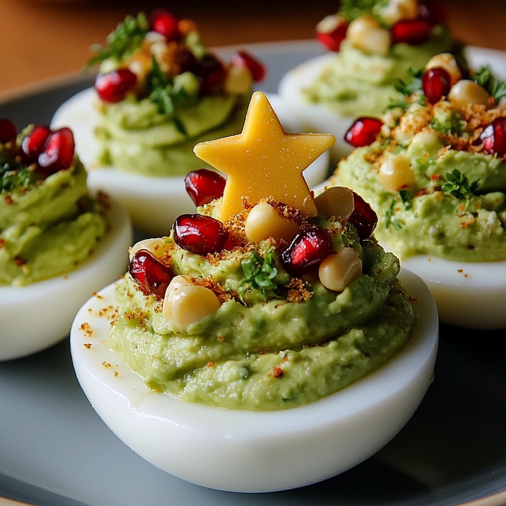 Œufs durs décorés en forme de sapins de Noël, garnis de guacamole vert et de graines de grenade rouges.