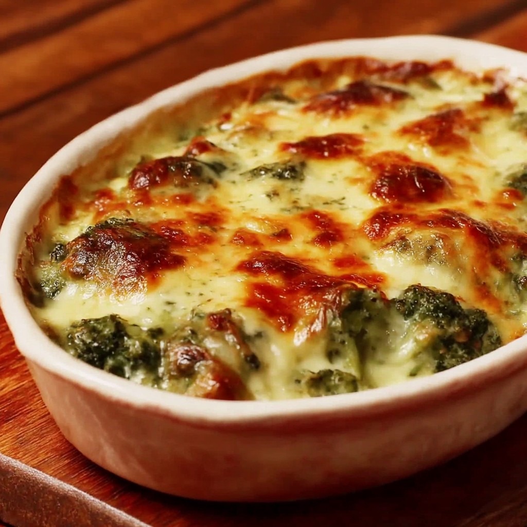 Gratin de brocoli au fromage doré au four, nappé de béchamel crémeuse et gratiné sur le dessus.