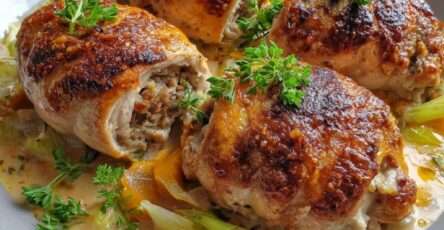 Ballotines de poulet farcies aux champignons, nappées de sauce crémeuse aux légumes, servies dans une assiette festive.