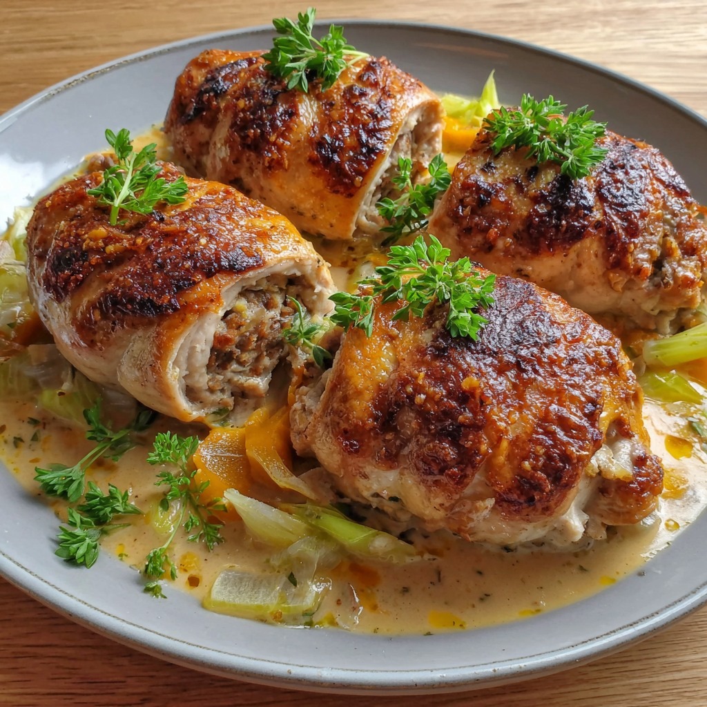Ballotines de poulet farcies aux champignons, nappées de sauce crémeuse aux légumes, servies dans une assiette festive.