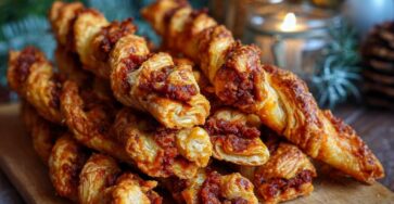 Feuilletés torsadés au chorizo dorés au four, croustillants, garnis de fromage fondu et servis pour l’apéritif.