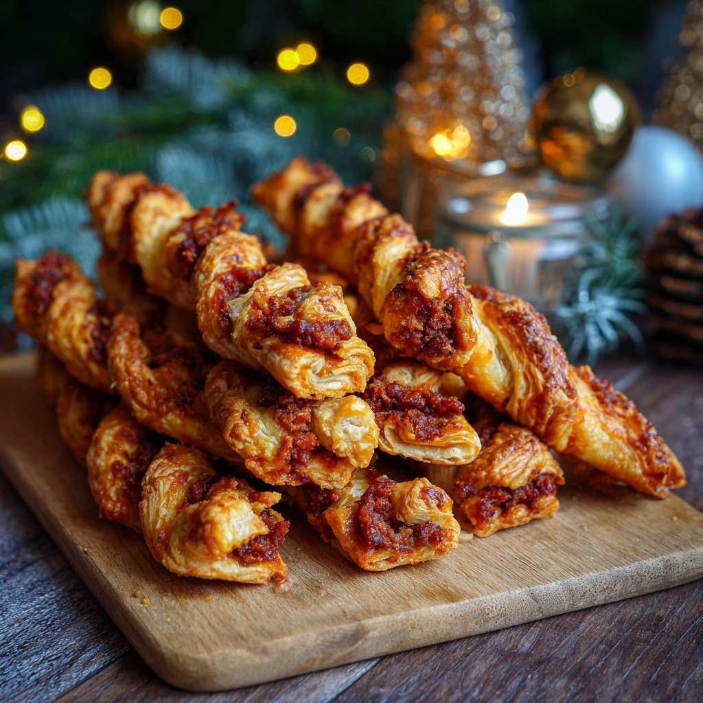 Feuilletés torsadés au chorizo dorés au four, croustillants, garnis de fromage fondu et servis pour l’apéritif.