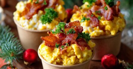 Mini-cups d’œufs brouillés crémeux garnis de bacon croustillant et d’herbes fraîches, servis en portions individuelles.