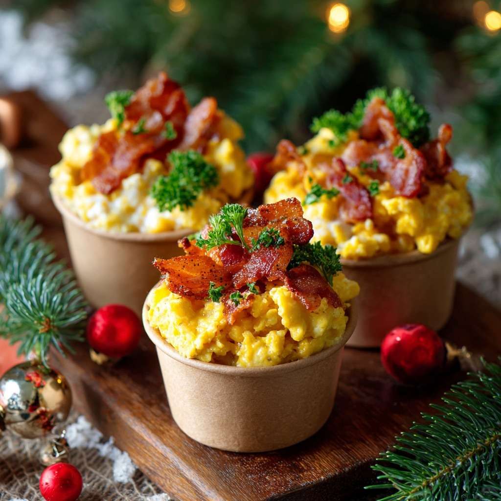 Mini-cups d’œufs brouillés crémeux garnis de bacon croustillant et d’herbes fraîches, servis en portions individuelles.